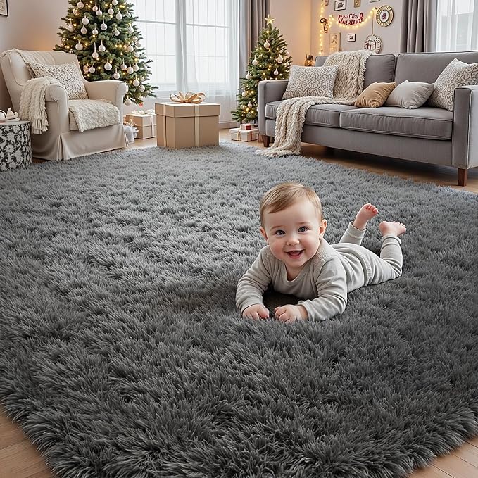 9x12 Area Rugs for Living Room: Ultra Soft Fluffy Shag Grey Rugs for Bedroom, Non-Slip Large Fuzzy Plush Rug Indoor Floor Carpet for Nursery Kids Boys Girls Room, Dorms, Playroom, Modern Home Decor