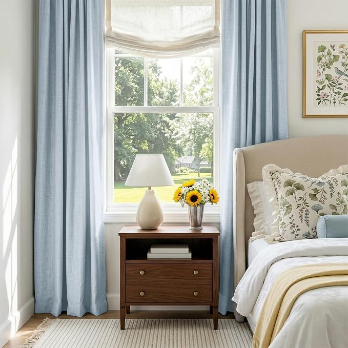 100% Blackout Shield Chambray Blue Linen Blackout Curtains for Bedroom 84 Inches Long, Back Tab/Rod Pocket Living Room Drapes, Thermal Insulated Blackout Curtains 2 Panels Set, 50" W x 84" L