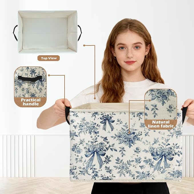 Chinoiserie Bow Floral Storage Box Bins, Blue and White Grandmillennial Flower Collapsible Storage Basket Organizer for Bedroom Laundry Room Home Clothes Books, Decor for Room