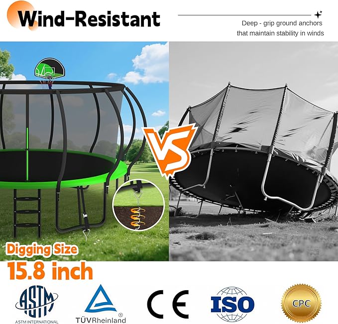 DeepRoar 2026 Upgraded 8/10/12/14/15/16FT Pumpkin Tranpoline for Kids, Heavy Duty 1500LBS Outdoor Tranpoline Set with Basketball Hoop, Light, Sprinkler & Socks, Recreational Trampolings, ASTM Approved
