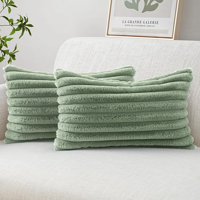 MIULEE Faux Fur Lumbar Throw Pillow Covers 12x20 Set of 2 Sage Green | Modern Soft Plush Couch Pillows, Cozy Fluffy Cushion Covers for Sofa Bed Living Room Home Decor