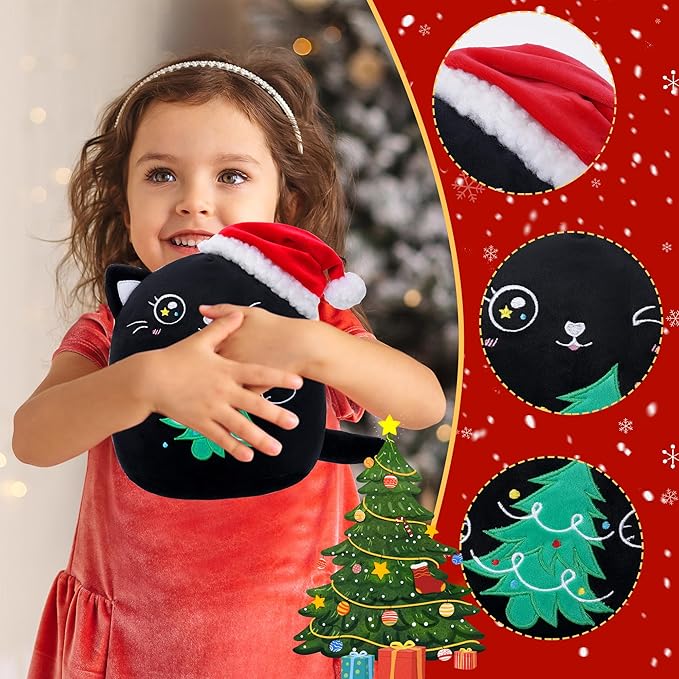 Christmas Cat Stuffed Animal: 8-Inch Cute Black Cat Plush Toy with Santa Hat and Christmas Tree Soft Christmas Plushies Pillow, Holiday Birthday Decoration Gifts for Kids Girls & Boys