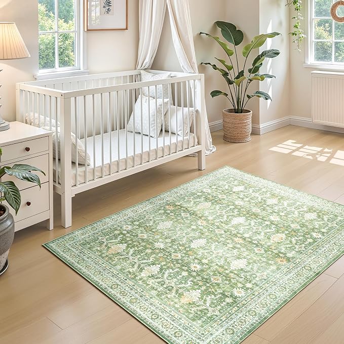 3x5 Area Rugs for Entryway, Non-Slip Washable Rug for Kitchen, Light Green | Low Pile Soft Small Rugs, Vintage-Style Carpet for Bathroom Bedroom Tool Room, Stain Resistant, Low Pile, Distressed Rug