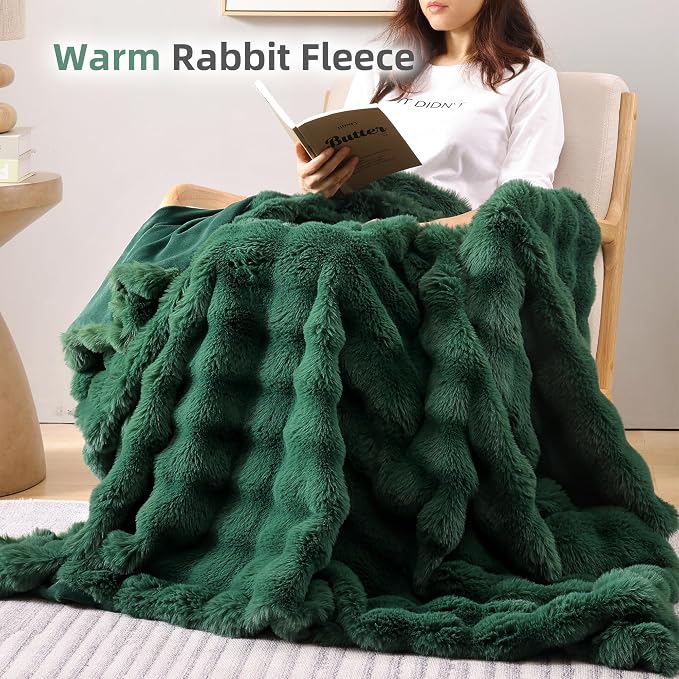 Faux Rabbit Fur Throw for Couch - Dark Green Bubble Blanket 60"x80" | Fluffy Plush Fuzzy Throw for Sofa & Bed, Super Soft Cozy Comfrt Blanket, Luxury Aesthetic Dark Green Decor Gift for Women