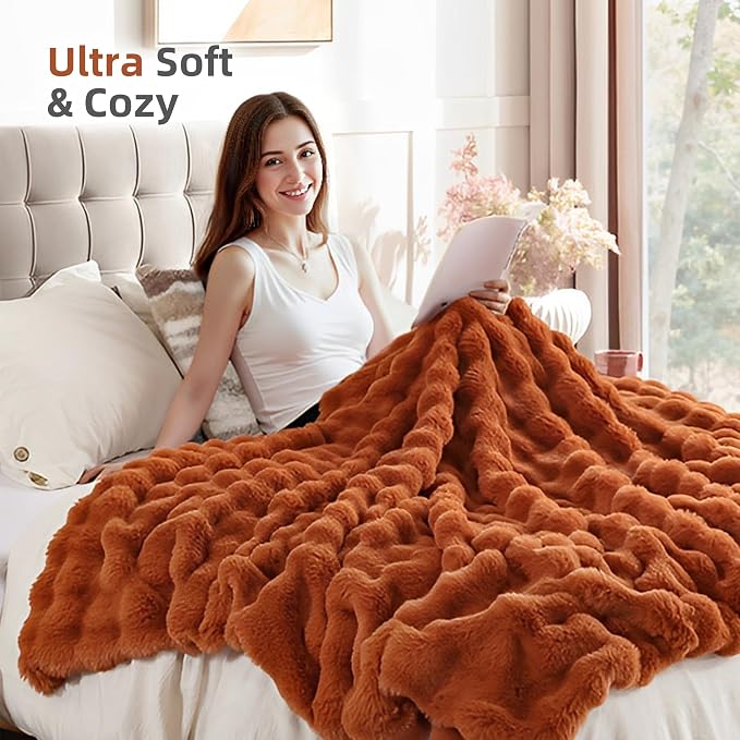 Faux Fur Fall Throw for Couch - Burnt Orange Bubble Blanket 60"x80" | Fluffy Plush Fuzzy Throw for Sofa & Bed, Super Soft Cozy Comfrt Blanket, Luxury Aesthetic Burnt Orange Decor Gift for Women