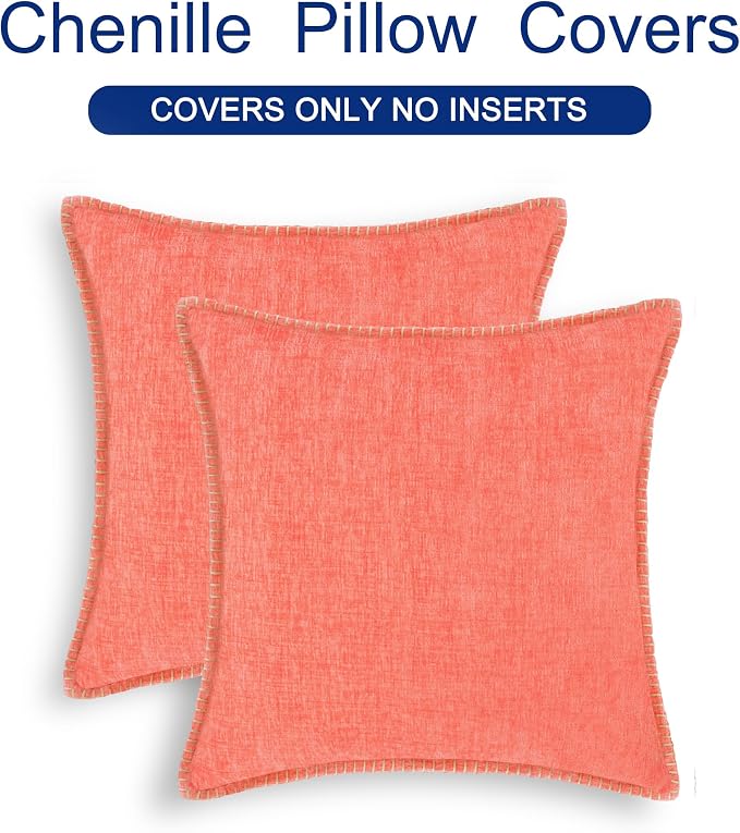 CaliTime Decorative Couch Throw Pillow Covers 20 X 20 Inches Living Coral | Pack of 2, Cozy Chenille Cushion Cases, Cotton Thread Stitching Edges, for Sofa Bed Living Room Farmhouse