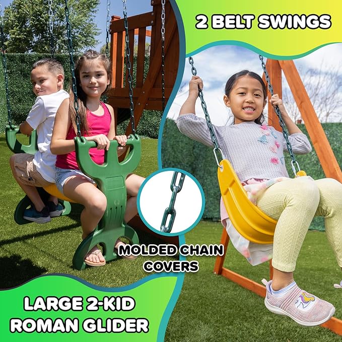 Sportspower 8-in-1 Blue Ridge Wooden Swing Set with Roofed Clubhouse & Balcony, 2 Belt Swings, 2-Person Roman Glider, 8ft Slide, Sandbox & Rock Climber, Anchor Kit Included