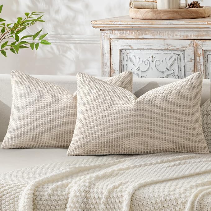 MIULEE Decorative Lumbar Throw Pillow Covers 12x20 in Neutral Beige 2 Pack | Modern Boho Accent, Soft Chenille Pillow Covers, Farmhouse Cushion Cases for Couch Bed Sofa Living Room Home Decor