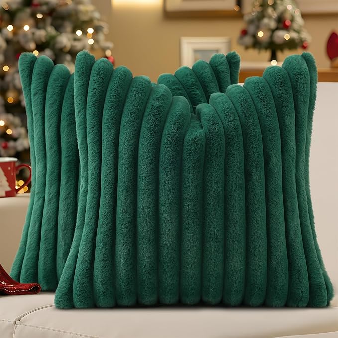 decorUhome Fall Faux Fur Throw Pillow Covers 20x20 Set of 2 Christmas Green | Decorative Soft Cozy Striped Plush Modern Farmhouse Boho Couch Pillow Cases Velvet Back for Sofa Bed Living Room Home Decor