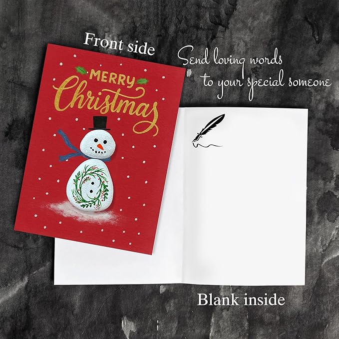 Handmade Snowman Christmas Greeting – Pebble Art Holiday Design with Envelope – Small Happy Holidays Mini, Winter-Themed Stationery, Unique Handmade Gift for Christmas