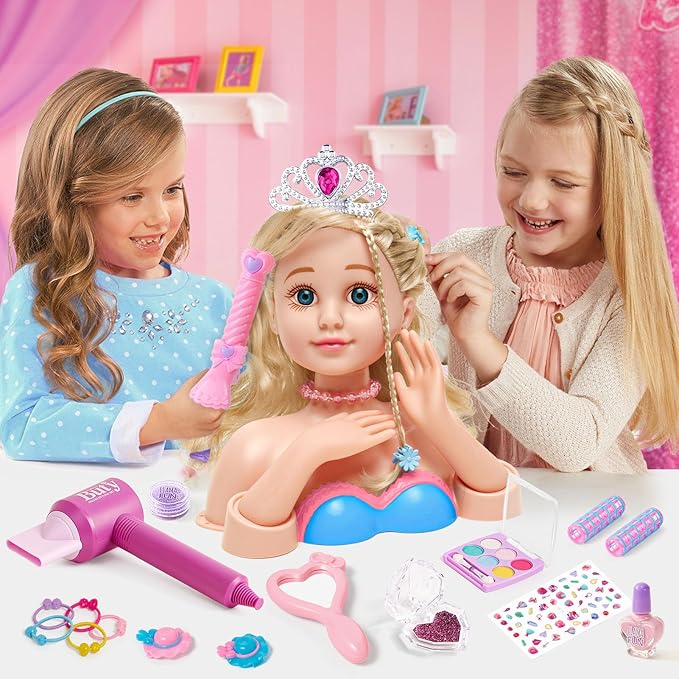 Golray Hair Styling Doll Head Makeup Kit Nail Art Girls Toys,Hair Salon Toy/ Real Cosmetics Nail Polish,Hairdryer Curling Iron Stylist Play Toy Princess Girl Birthday Gifts 3 4 5 6 7 8+ Years Old