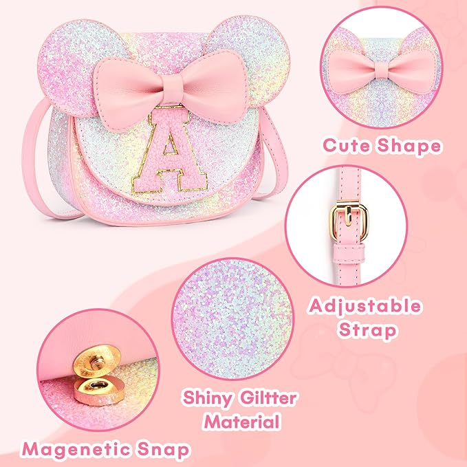 mibasies Toddler Purse Girl Gifts: Girls Birthday Gifts for 3-8 - Toys for Ages 2-4 Girls Mouse Ears Purse, Glitter Rainbow, Letter A