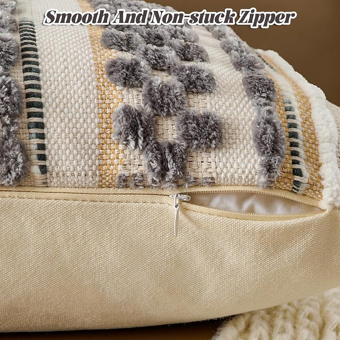 Chenille Striped Textured Boho Throw Pillow Covers Aesthetic with Tassels Woven Decorative Pillow Case for Couch Bed Sofa Bedroom Modern Funky 18 x 18-Inch Grey White