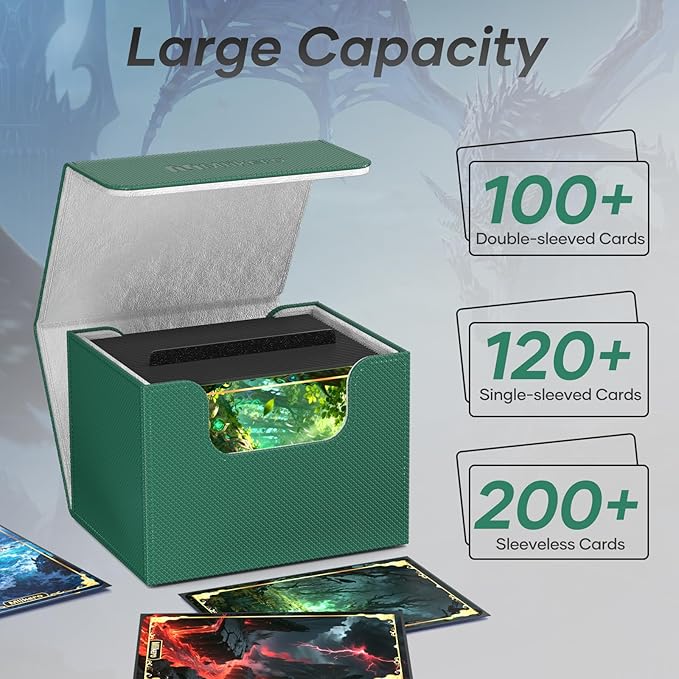 Mlikero Card Deck Box, Commander Deck Box Holds 100+ Double-Sleeved Cards with 2 Dividers, Leather Magnetic Closure Card Box Fit for MTG, TCG (Green)