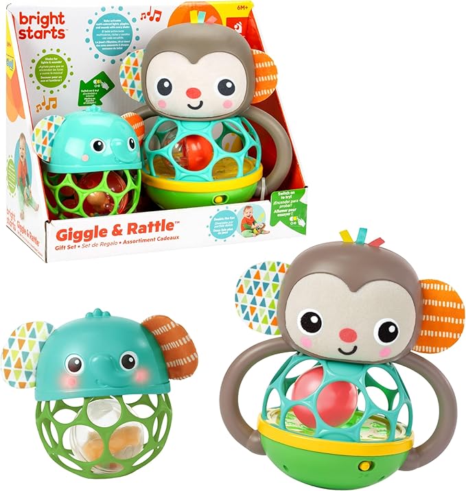 Bright Starts Giggle & Rattle Gift Set - Musical & Sensory Baby Toys 2-Pack, Elephant & Monkey, Unisex, Newborn+