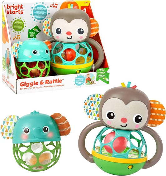 Bright Starts Giggle & Rattle Gift Set - Musical & Sensory Baby Toys 2-Pack, Elephant & Monkey, Unisex, Newborn+