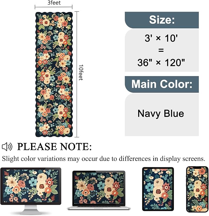 DUKINO 3x10 Runner Rug, Non Slip Floral Washable Rug for Hallway, Navy Blue | Low Pile, Soft, Stain Resistant Throw Carpet Runner for Kitchen, Entryway, Bedroom, Bathroom, Lightweight, Modern Home Decor