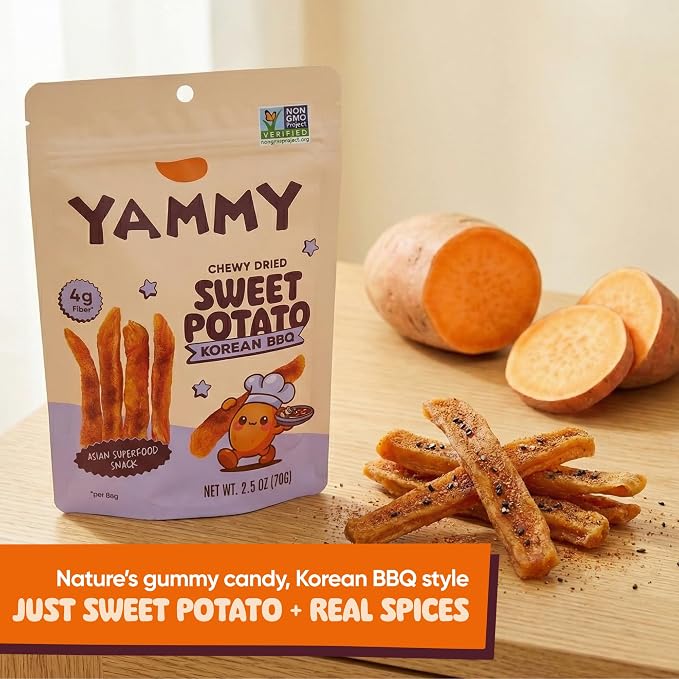 Yammy Chewy Dried Sweet Potato Sticks (Korean BBQ 18-Pack) - Healthy Asian Snack for Adults & Kids (Japanese & Chinese Super Food) - Vegan, Gluten-Free, 12 Vitamins & Minerals, 4g Fiber, 2.5oz