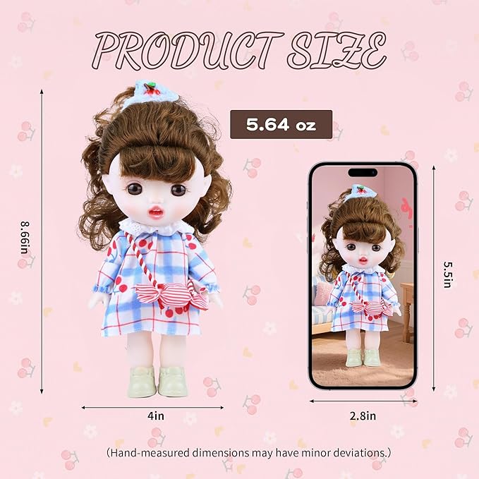 Vinyl Plush Doll, Dolls for Girls with Vinyl Face Brown Curly Hair Blue Dress Cute Movable Arms Legs, Princess Toys Kawaii Jointed Dolls Gifts for Collectibles Birthday Christmas Room Décor 8.6 Inch