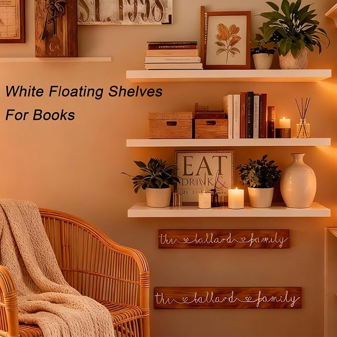 ROGMARS 24 Inch White Paulownia Wood Floating Shelves Set of 3 | Hidden Bracket Space Saving Wall Shelves for Small Apartment | Wall Mounted Storage Shelves for Living Room Kitchen Bedroom