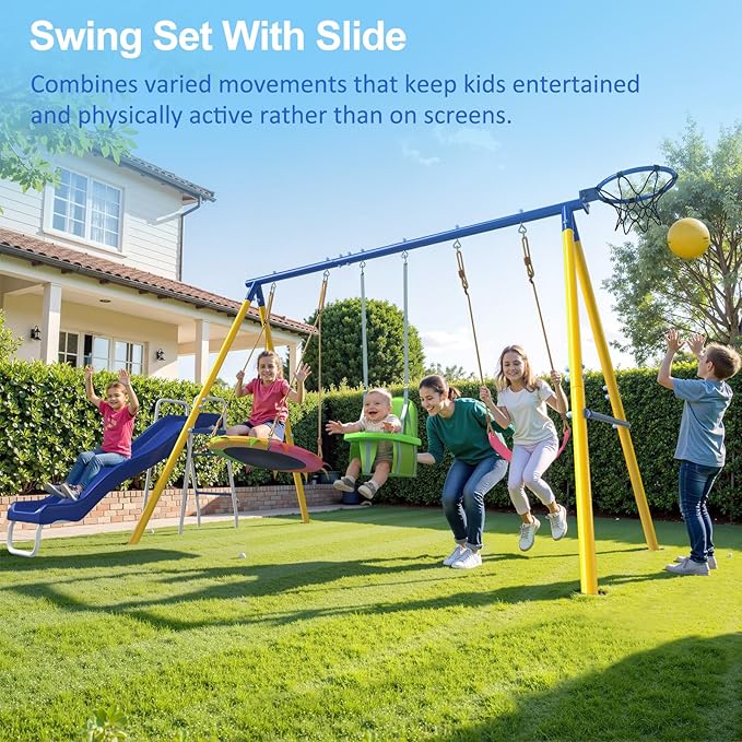 JYGOPLA Metal Swing Sets for Backyard, 5-in-1 Kids Swing Set Slide Combo with Saucer Swings, Baby Safety Swing & Basketball Hoop for Ages 3-12