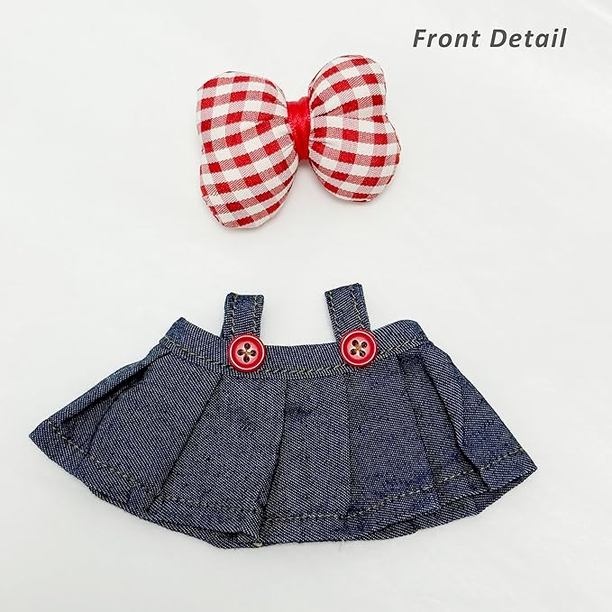17cm Doll Clothes, Clothes for Cute Dolls Outfit, Stylish Kawaii Clothes & Accessories for 15-17cm Dolls, Denim Skirt+Red Plaid Bow Pin+Mini Camera+Keychains (Indigo)