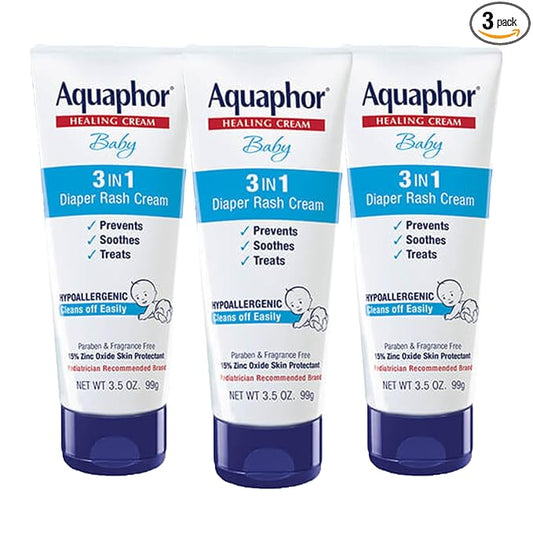 Aquaphor Baby Diaper Rash Cream, 3-in-1 Diaper Rash Relief, 3.5 Oz Tube, (Pack of 3)