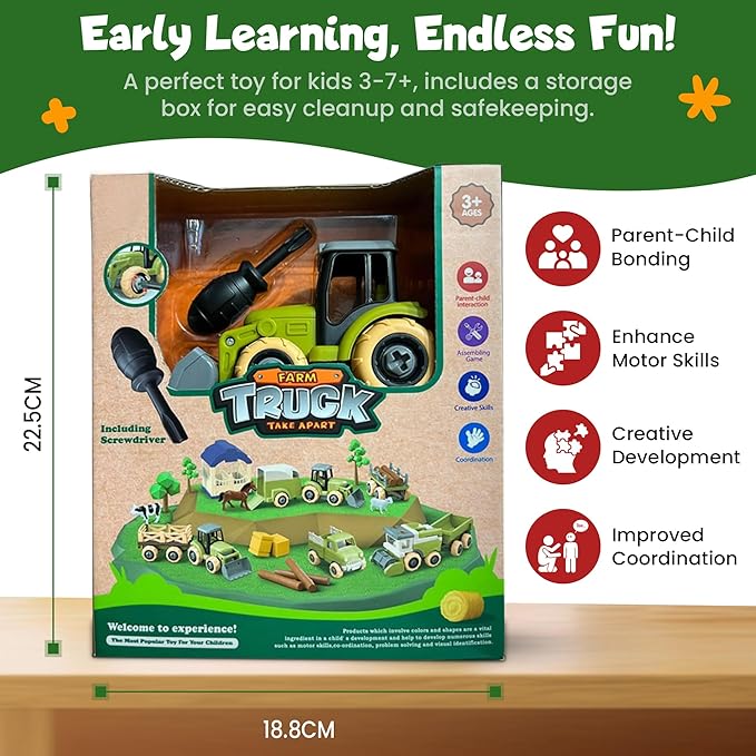 Take-Apart Tractor STEM Kit with Drill - DIY Farm Playset, Educational Construction Toy for Boys & Girls Ages 3–6, Solid Colors Gift