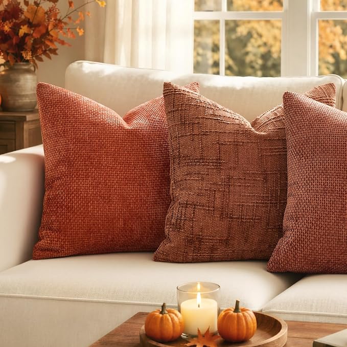 MIULEE Chenille Textured Fall Euro Throw Pillow Covers Burnt Orange 24x24 | Set of 2, Slubby Decorative Pillows, Boho Farmhouse Home Decor, Modern Neutral Cushion Covers for Couch Sofa Bed Living Room