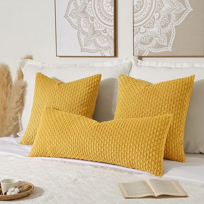 Kevin Textile Soft Corduroy 20"x54" Pillow Cover 1 Pack, Mustard Yellow | Boho Stripe Plush Corduroy Decorative Oblong Cushion Cover Modern Farmhouse Home Decor for Sofa Couch Bed Chair