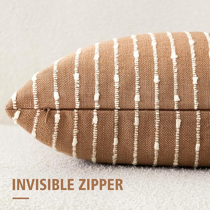 Foindtower Pack of 2 Decorative Jacquard Boucle Throw Pillow Covers Accent Textured Striped Pillowcases Soft Boho Modern Cushion for Couch Sofa Bedroom Living Room Home Decor 20x20 Inch Rust Tobacco