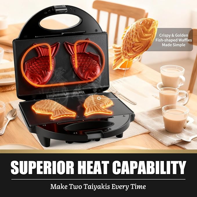 FineMade Taiyaki Fish Waffle Maker Machine with Non Stick Cooking Plate, Electric Japanese Fish Shaped Waffle Iron Pan, Korean Bungeoppang Pan, Recipe Included