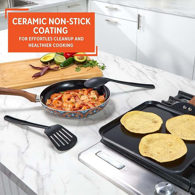IMUSA Talavera Aluminum Black Ceramic Value Fry Pan & Square Griddle Set | Mexican design, Perfect for daily cooking