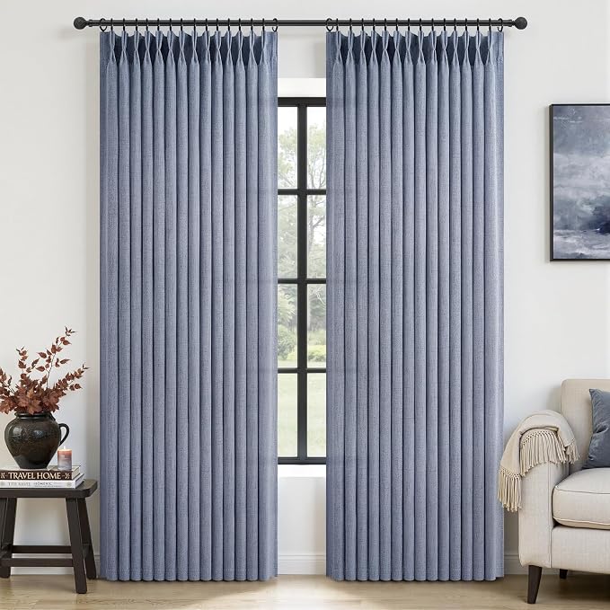 Pinch Pleated Linen Greyish Blue Sheer Curtains 84 Inches Long for Bedroom