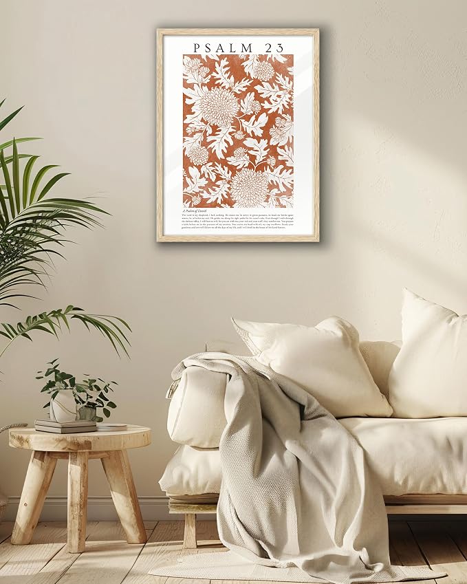 EcoHest 12x16 in Psalm 23 Orange Floral Botanical Framed Christian Wall Art | Natural Oak Wood Frame with Canvas Wall Art, Scripture Bible Verse Decor for Bedroom, Living Room, Office, Church, 1Pack