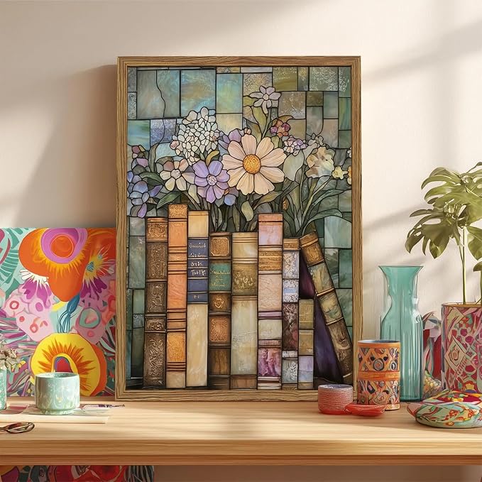 YYNISPIN Vintage Book Wildflower Wall Art Moody Stained Glass Book Lover Wall Decor Painting, Whimsical Reading Nook Library Poster Canvas Prints for Cottage Bedroom Living Room 12x16 inch Frame