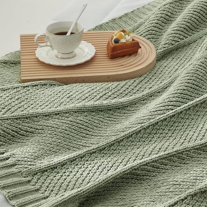 Knit Throw Blanket, Soft Chenille Cozy Breathable Chevron Chunky Decorative Blanket for Couch, Bed & Sofa, French-Inspired Lightweight Warm Gift for Women, Sage Green, 60"x80"