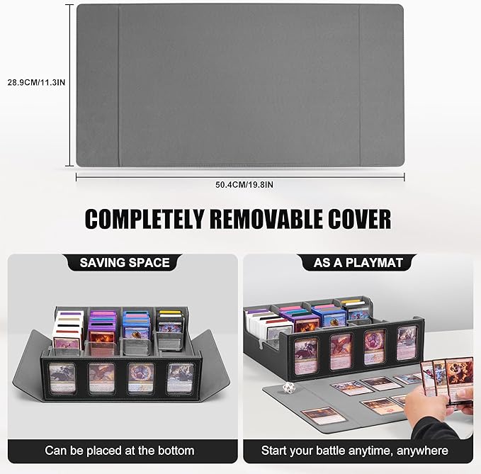 Kabinka Trading Card Storage Box with Commander Display, 4-Row Deck Case with Removable Lid; 2400+ Card Deck Box for MTG TCG Sports Card, 4 Top Loaders, 4 Stoppers, 24 Dividers,1 Dice Bag (Black)