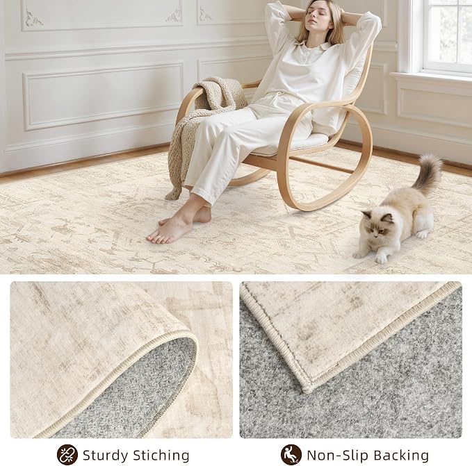 10x14 Area Rug for Living Room: Vintage Boho Neutral Washable Rug Indoor Soft Large Area Rug Carpet for Bedroom Nursery Farmhouse Dining Room Office Floor Non-Slip Low Pile Under Table Rug Beige/Brown