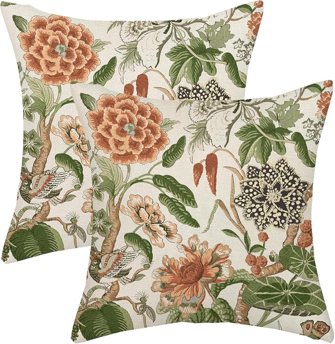 Orange Sage Green Pillow Covers 18x18 Inch Set of 2 Vintage Orange Floral Throw Pillows Chinoiserie Flower Decorative Pillow Case Outdoor Linen Farmhouse Cushion Cover for Couch Sofa Decorations