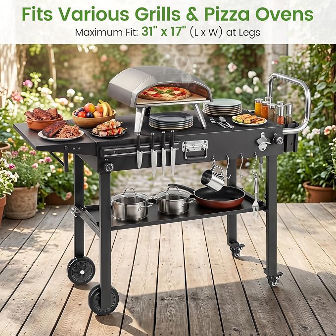 Happygrill Outdoor Grill Cart w/31” x 17” Tabletop for Blackstone Griddle | Foldable Grill Table w/Side Tray, Magnetic Tool Rack, Bottle Opener, Oil Mat, Hooks, BBQ Pizza Oven Table for Camping