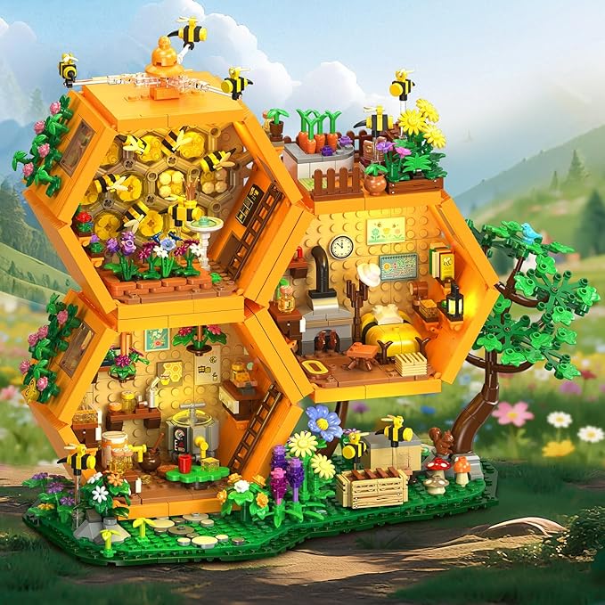 INSOON Farm Bee House Building Set with Lights, 1773PCS Honey Cabin Building Block Kit with Flowers Botanical Animals, Treehouse Construction Model Home Decor, Easter Gift for Adults Boys Girls 12+