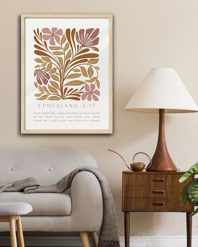 EcoHest 16x20 in Ephesians 3:17 Abstract Floral Framed Christian Wall Art | Solid Oak Wood Frame with Canvas Wall Art, Scripture Bible Verse Wall Decor for Bedroom, Living Room, Office, Church, 1Pack