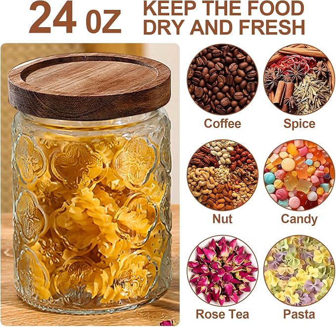24 OZ Vintage Glass Jar with Lid, Airtight Food Storage Canisters with Bamboo for Kitchen Counter Pantry, Ideal for Coffee, Candy, Tea, Oats, Sugar, Cookies Decorative Jars-Sunflower