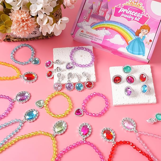 Princess Jewelry Set for Little Girls with Necklace Bracelets Rings Earrings Birthday Gifts Party Favors Pretend Play Dress up Costume Friendship Jewelry for Toddler Girls