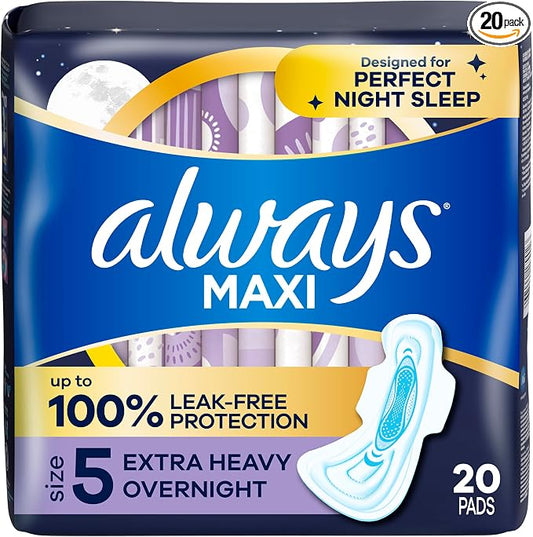 Always Maxi Feminine Pads For Women, Size 5 Extra Heavy Overnight Absorbency, With Wings, Unscented, Pack Of 20