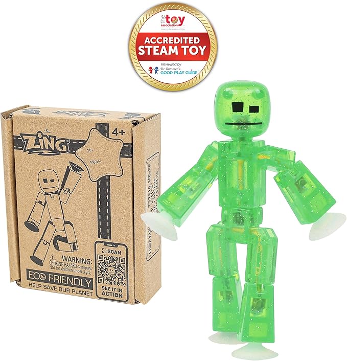 Zing StikBot Single Pack - Includes 1 StikBot - Collectible Action Figures and Accessories, Stop Motion Animation, Ages 4 and Up (Clear Light Green Sparkle)