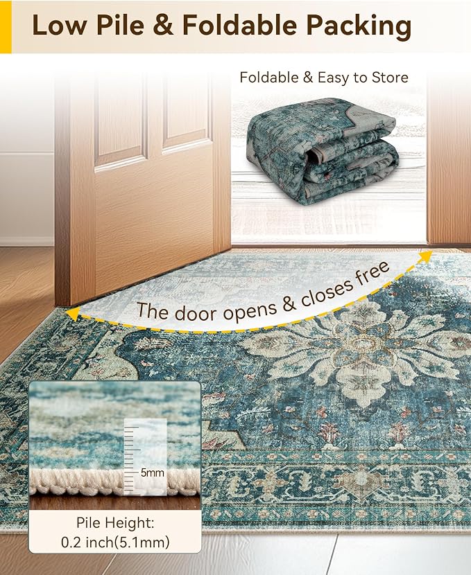RELEANY Area Rugs 3'x5' Washable Non-Slip, Floral Vintage Distress Medallion Carpet for Living Room Bedroom Dining Room, Dark Blue Vintage