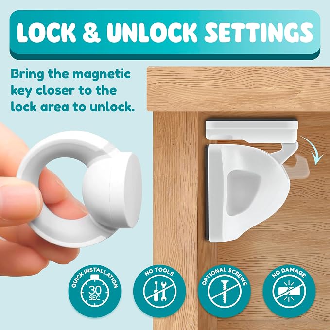 Booboo Baby Magnetic Child Safety Cupboard Locks for Children x10 Locks + x1 Key, Baby Proofing for Kitchen, Cabinets and Drawers, 30 Second Install No Drilling 3M Adhesive (10 Pack)