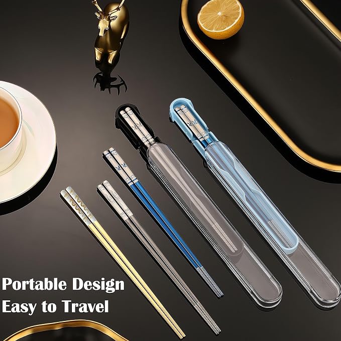 Portable Chopsticks, Reusable Metal Stainless Steel, Black Eagle | 1 Pair, Travel Chopsticks with Case, Titanium Plated, Dishwasher Safe